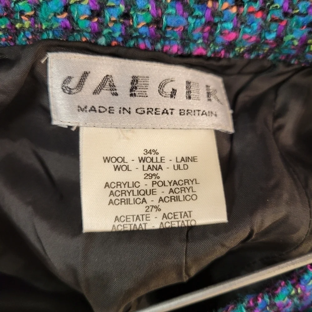 Jaeger Designer Vintage Teal & Rainbow Colored Tweed Wool Blend Pencil Skirt